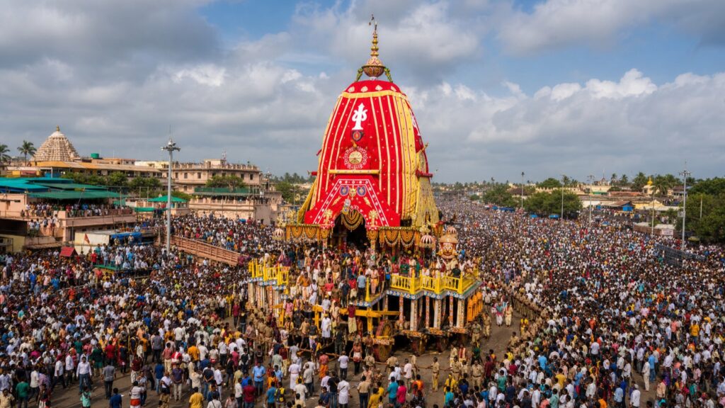 पुरी में विशाल लाल और पीले पारंपरिक रथ के आसपास उमड़ी श्रद्धालुओं की भीड़