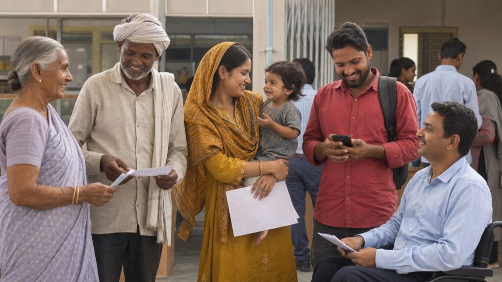 सरकारी सेवा केंद्र पर अलग-अलग उम्र और पृष्ठभूमि के भारतीय नागरिकों का समूह