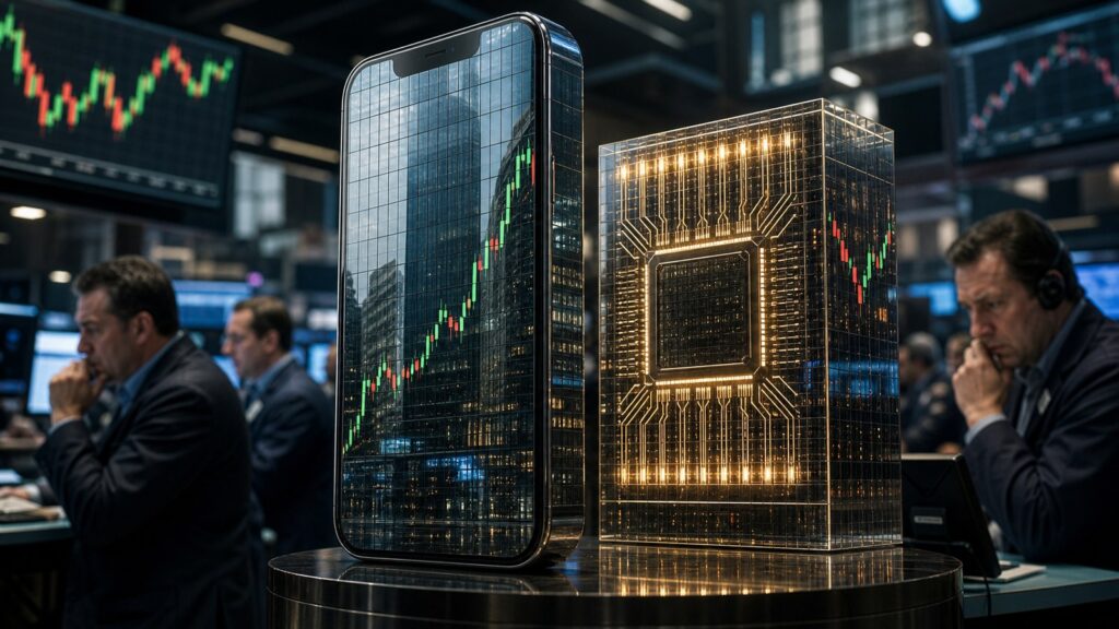 Apple और Nvidia के बाजार मूल्य मुकाबले को दर्शाता प्रतिनिधि संपादकीय दृश्य