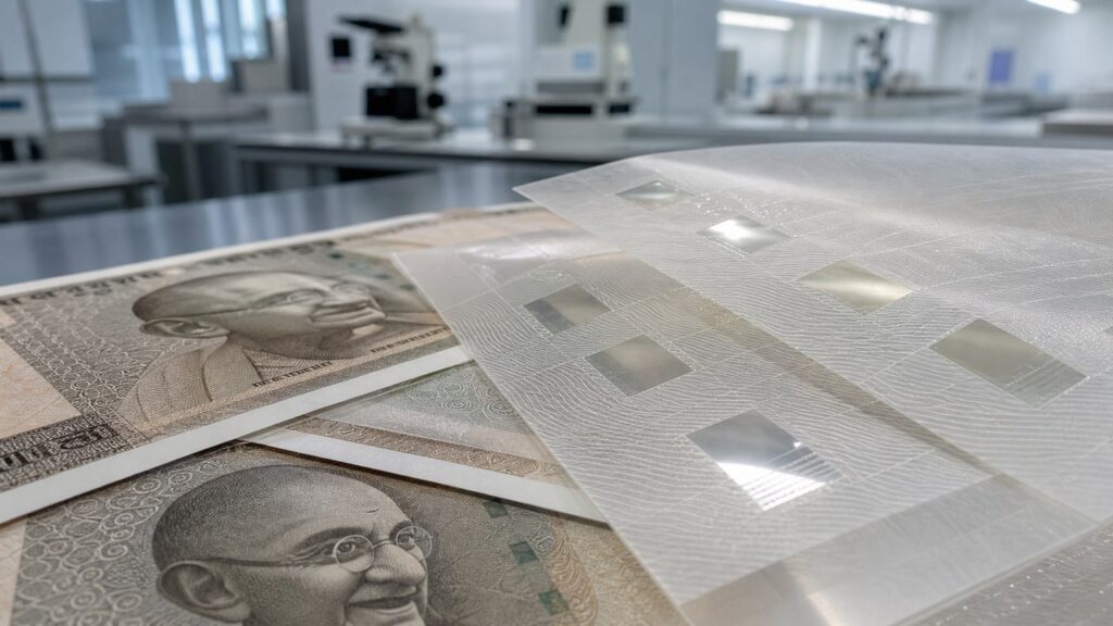 भारतीय बैंकनोट्स और polymer substrate को दर्शाती प्रतिनिधि संपादकीय तस्वीर