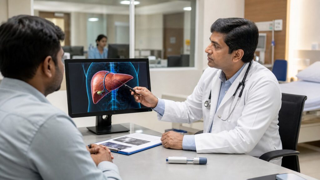 MASH और Wegovy approval पर आधारित प्रतिनिधि editorial visual, जिसमें liver scan और injectable treatment concept दिखाया गया है।