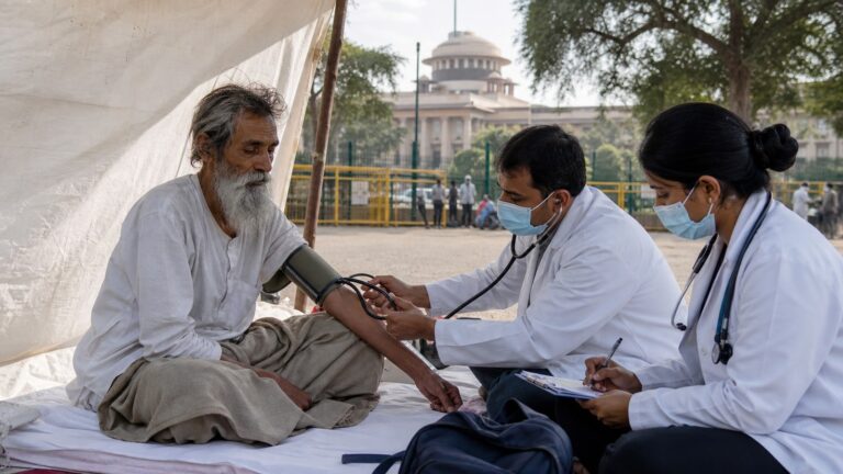 जंतर-मंतर पर अनशन और मेडिकल निगरानी को दर्शाता प्रतिनिधि संपादकीय दृश्य।