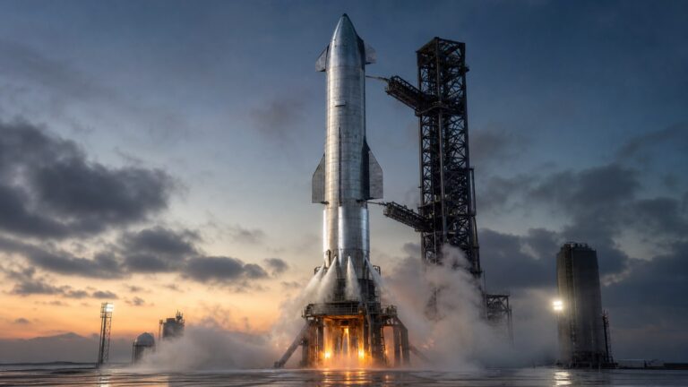 Starship जैसे बड़े रॉकेट का प्रतिनिधि दृश्य, launch pad पर abort के बाद vapor और धुएं के बीच खड़ा हुआ।