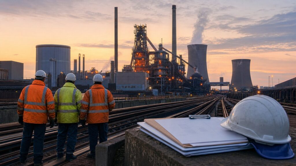 Scunthorpe जैसे स्टीलवर्क्स का प्रतिनिधि संपादकीय दृश्य, जहां British Steel के सार्वजनिक स्वामित्व को प्रतीकात्मक रूप से दिखाया गया है